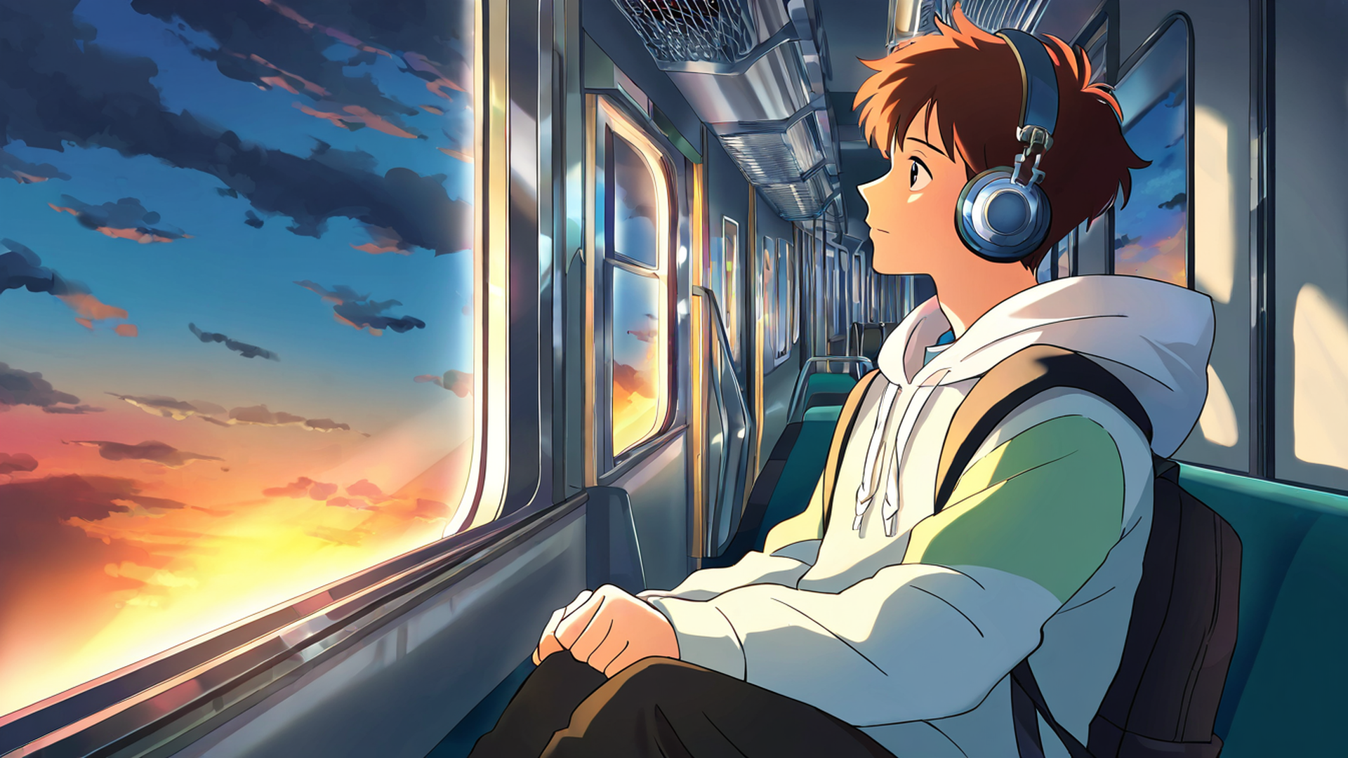 boy train headphones lofi wallpaper