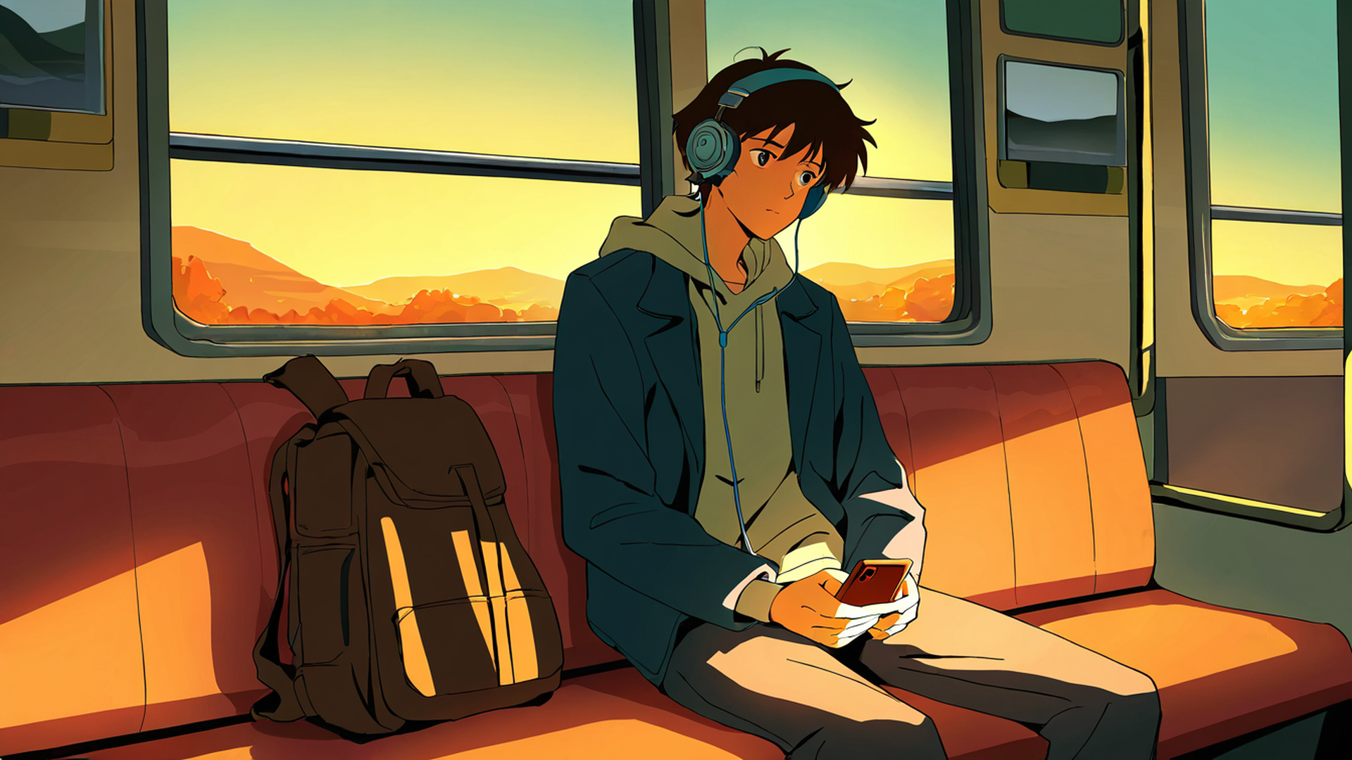 boy train headphones lofi wallpaper