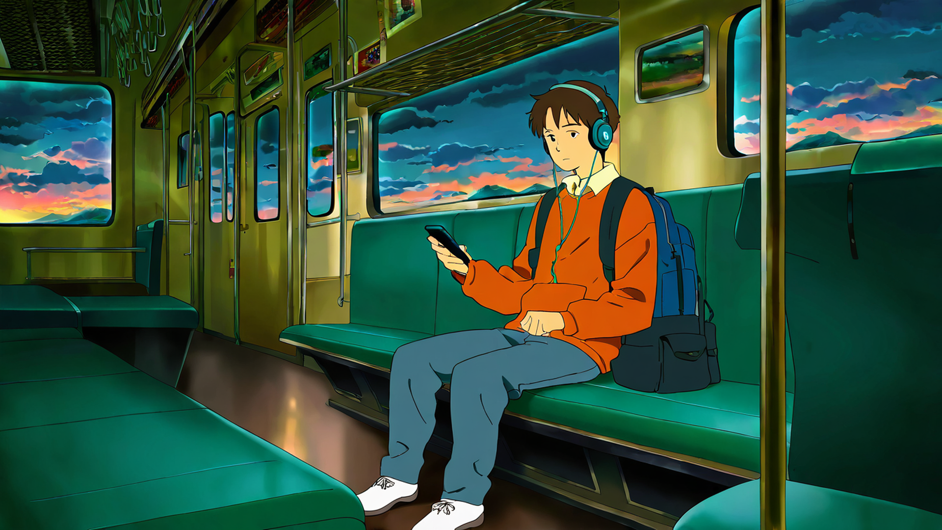 boy train headphones lofi wallpaper