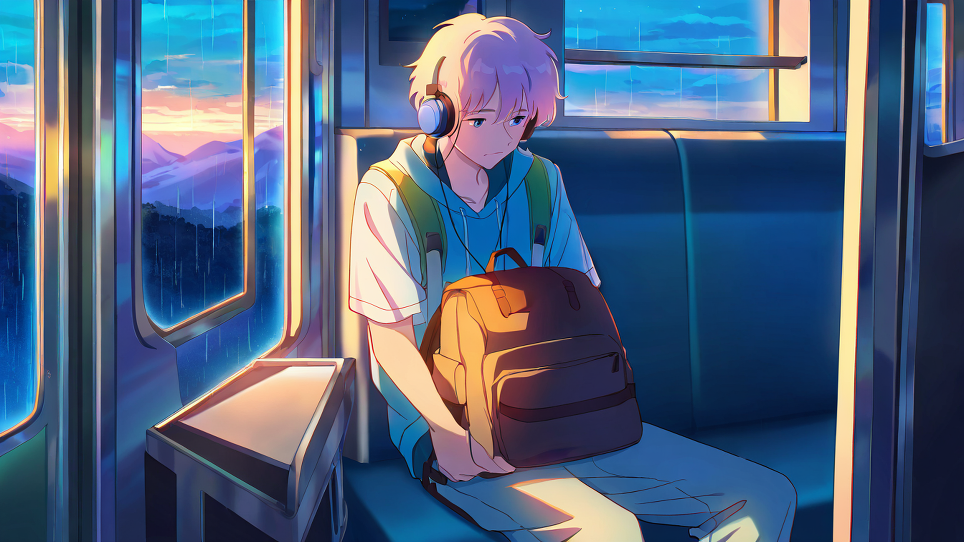 boy train headphones lofi wallpaper