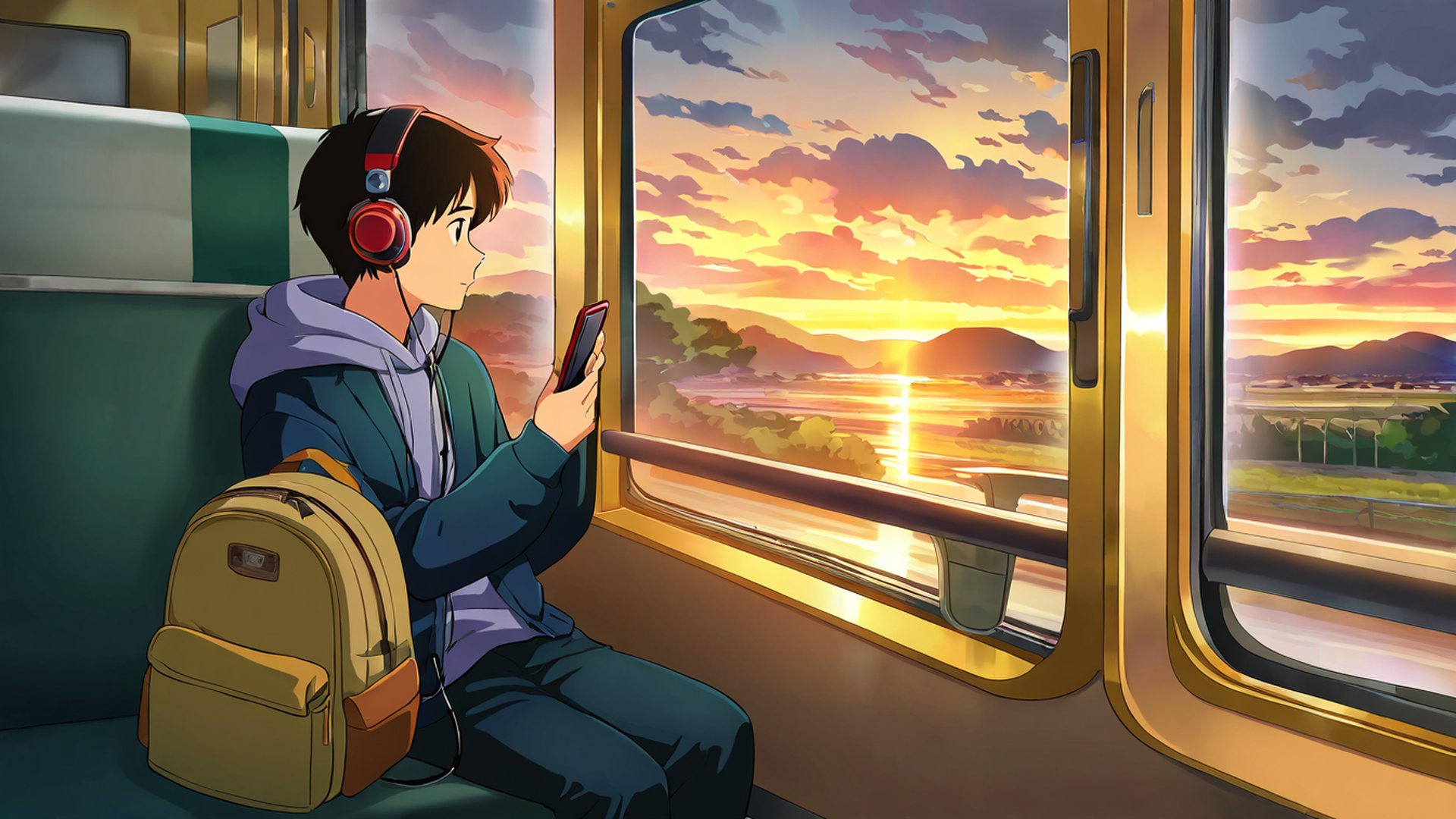 boy train headphones lofi wallpaper