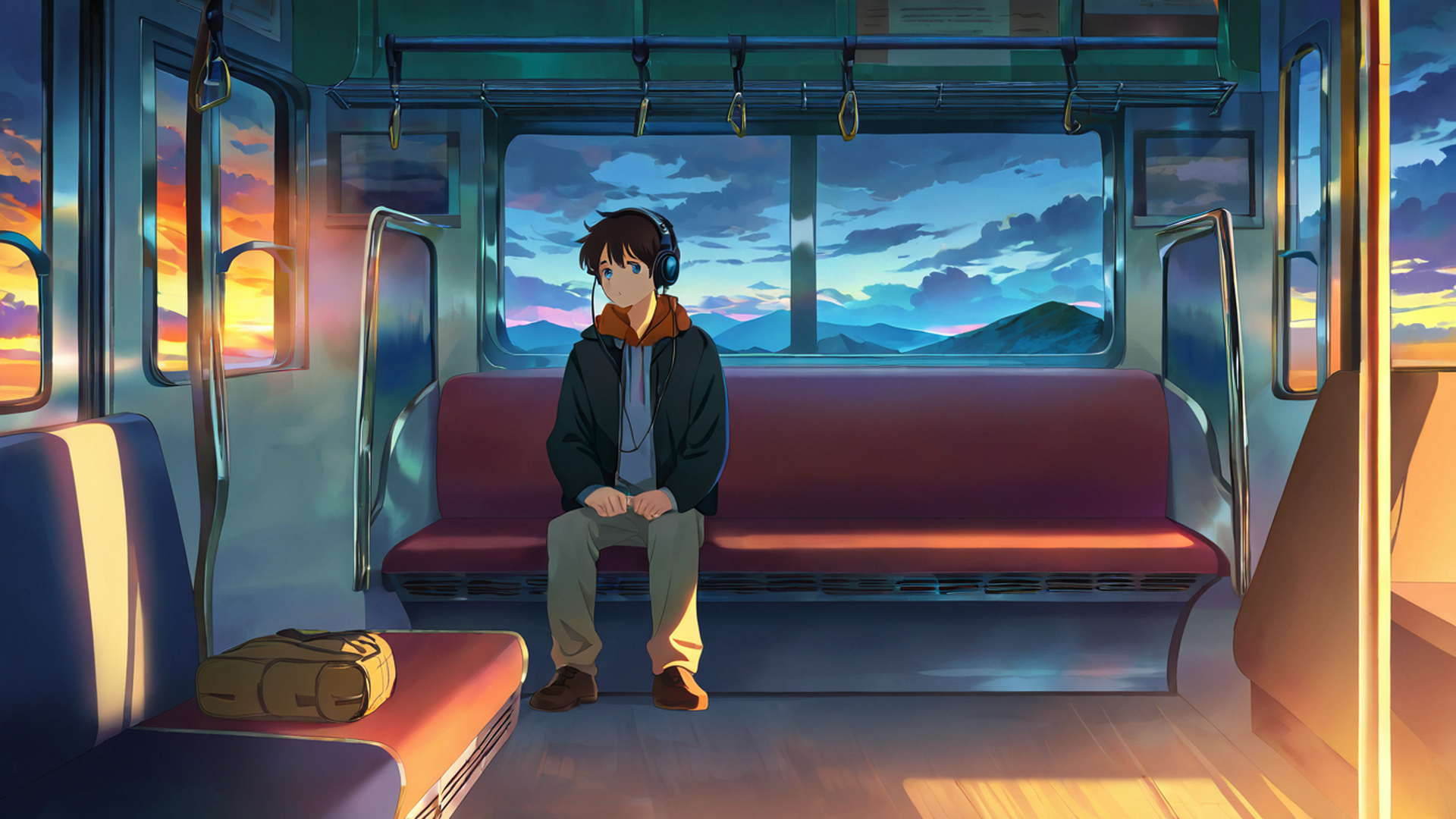 boy train headphones lofi wallpaper