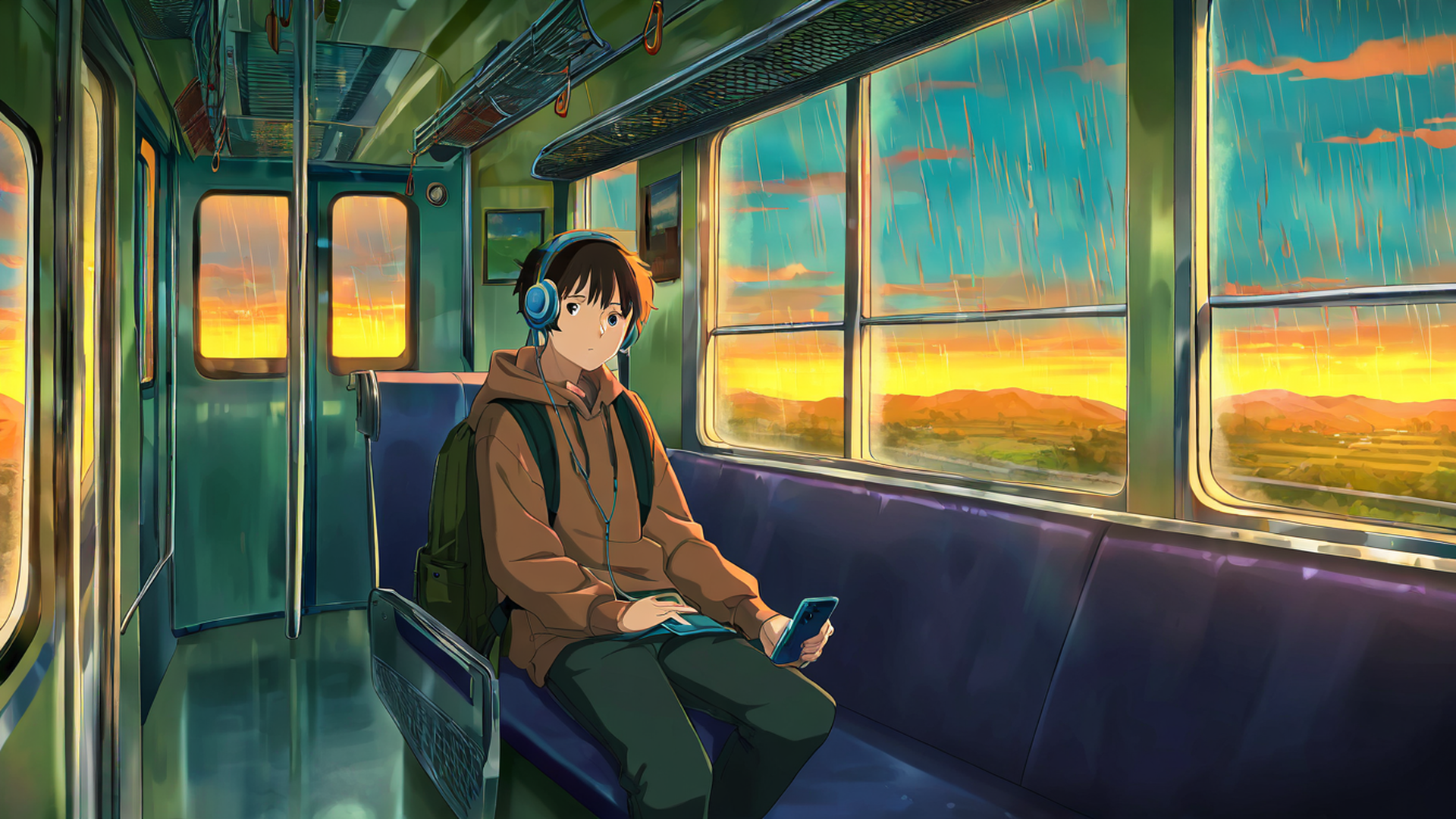 boy train headphones lofi wallpaper
