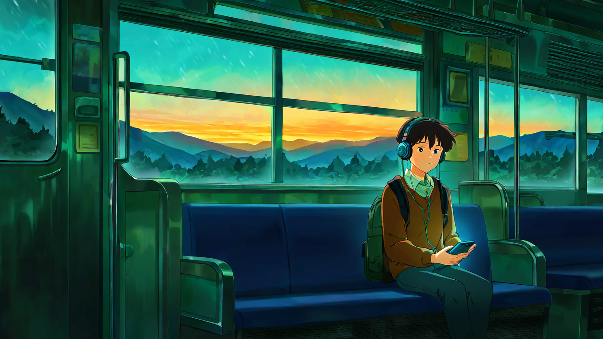 boy train headphones lofi wallpaper