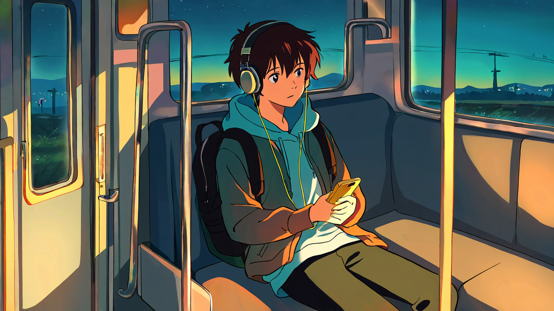boy train headphones lofi wallpaper