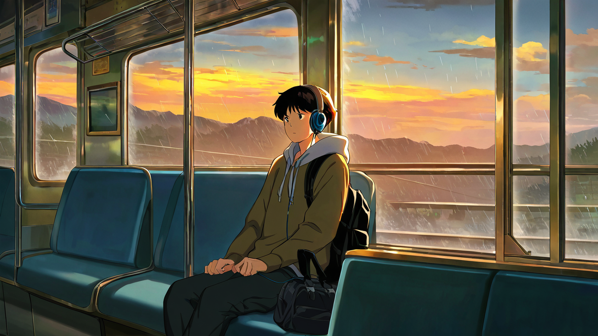 boy train headphones lofi wallpaper