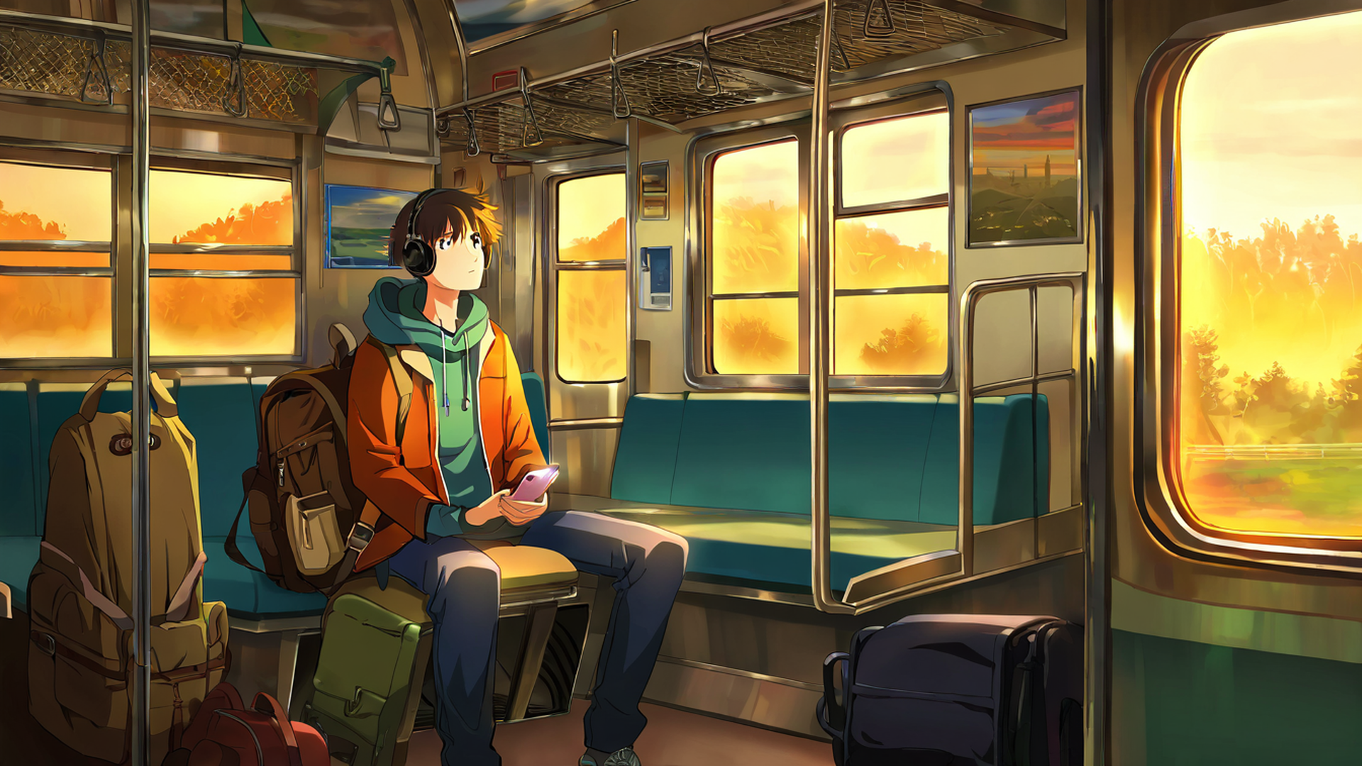 boy train headphones lofi wallpaper