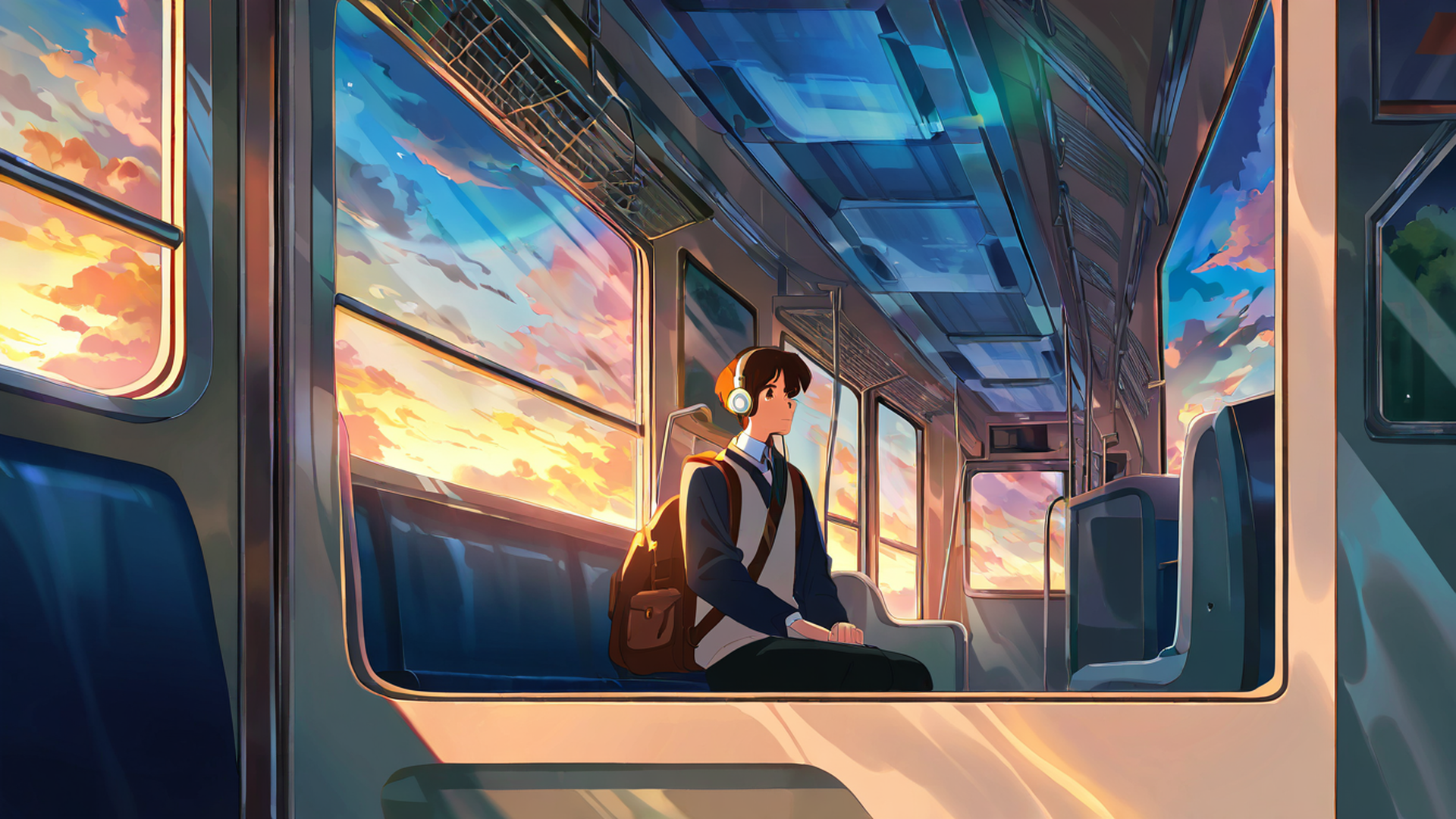 boy train headphones lofi wallpaper