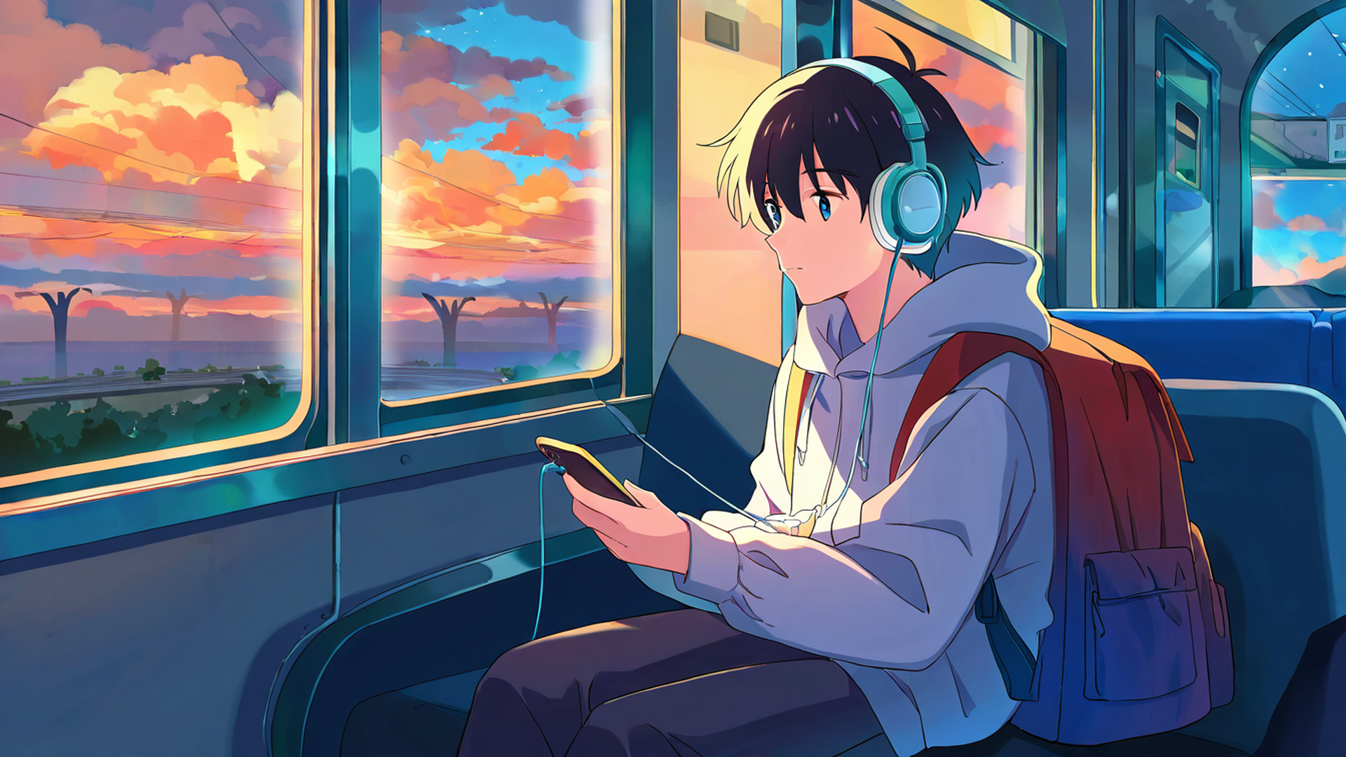 boy train headphones lofi wallpaper