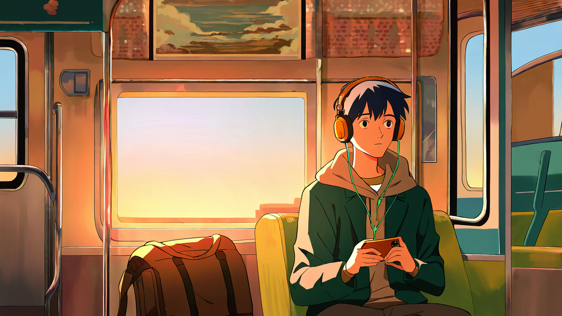 boy train headphones lofi wallpaper
