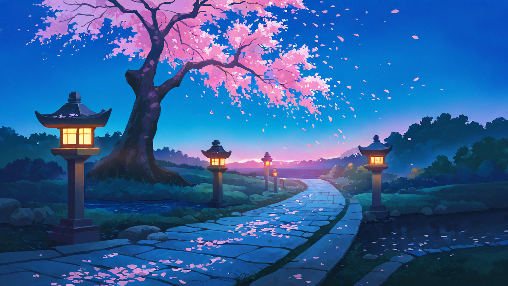 cherry blossom path lofi wallpaper