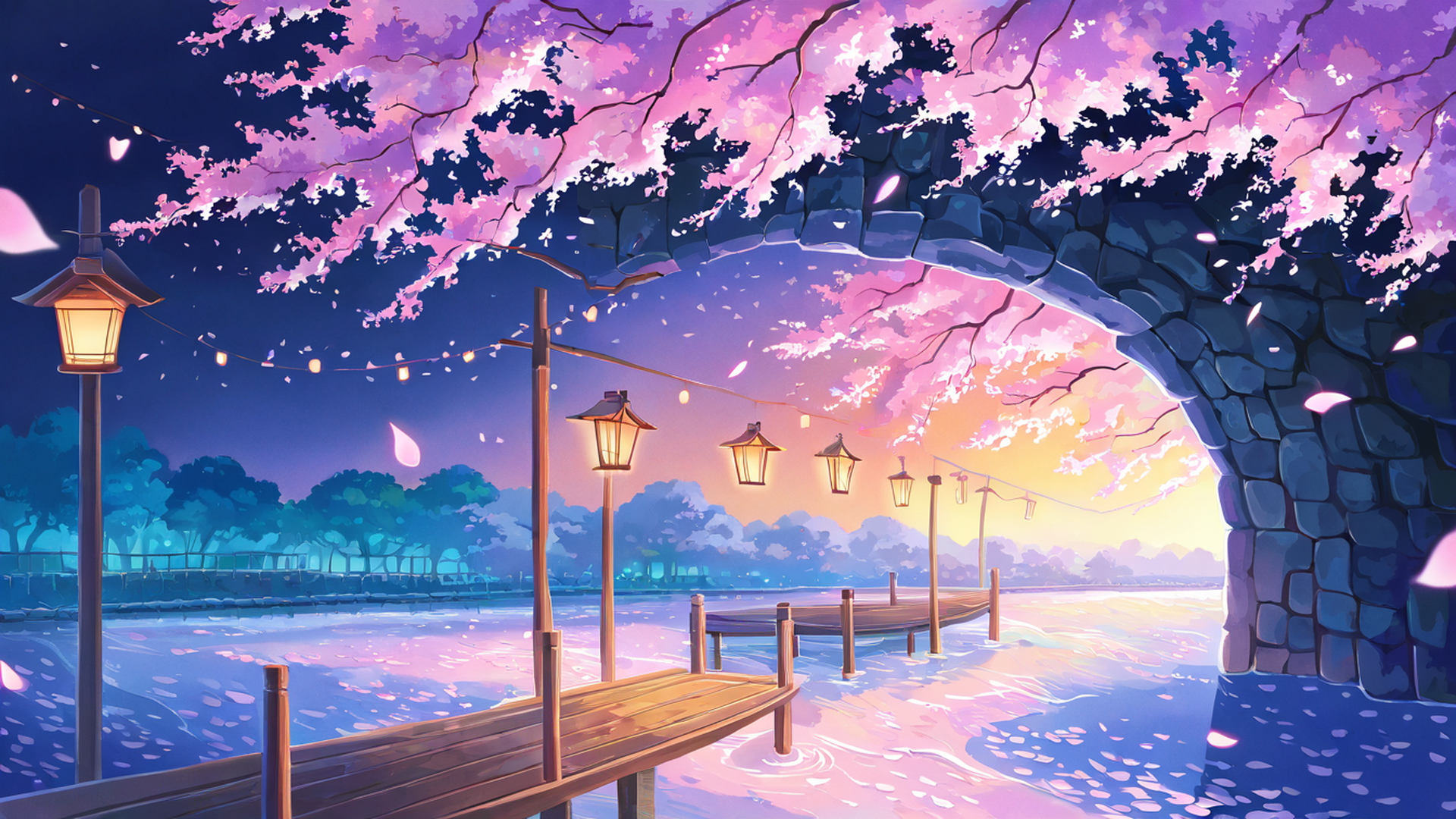cherry blossom path lofi wallpaper