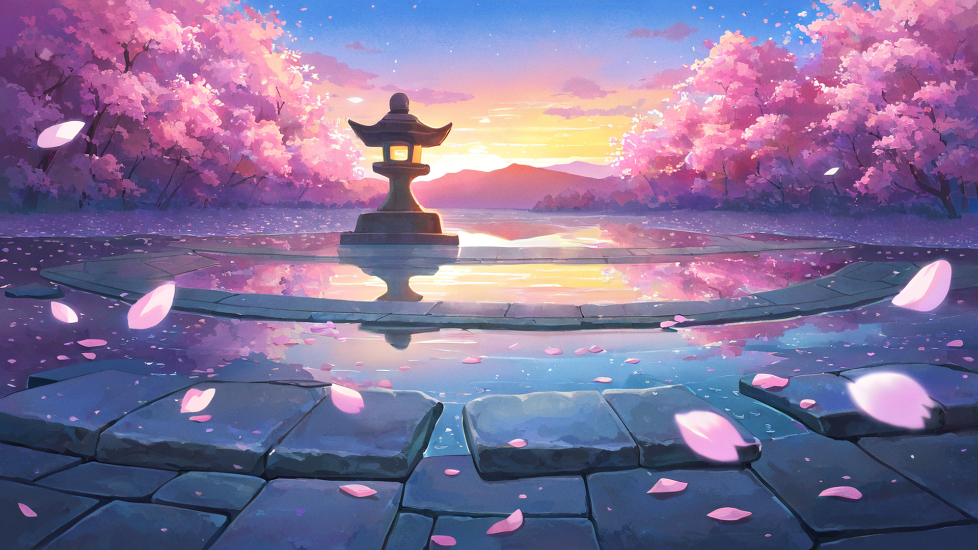 cherry blossom path lofi wallpaper