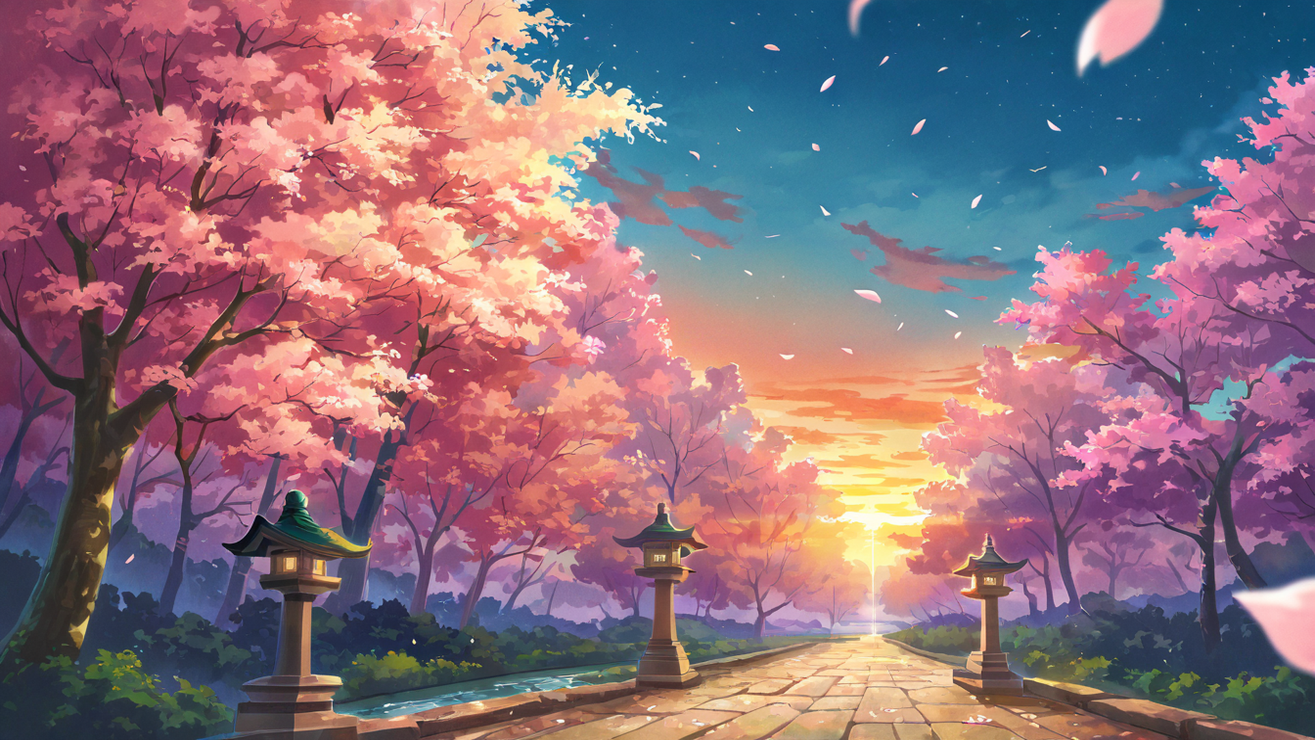 cherry blossom path lofi wallpaper