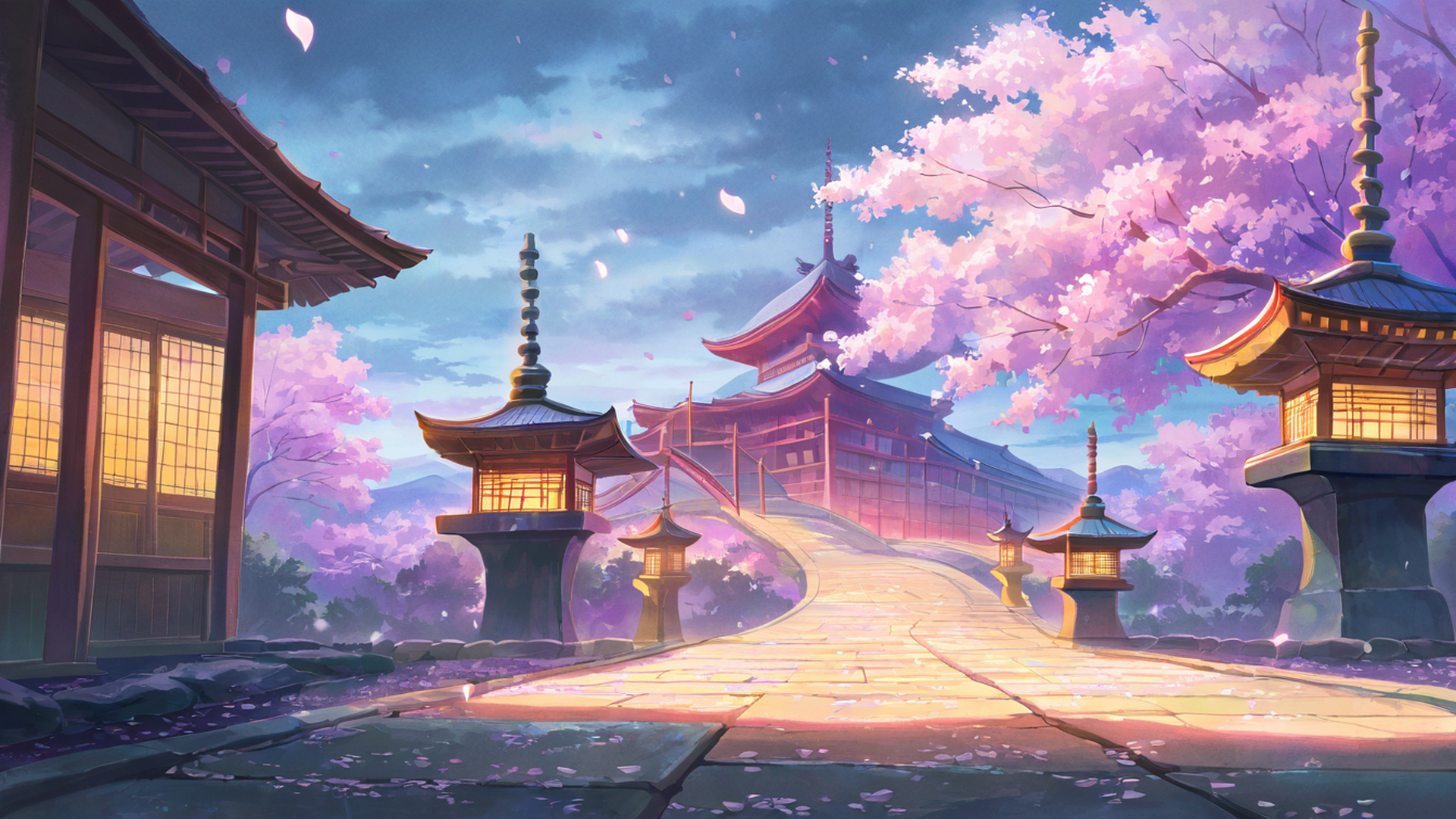 cherry blossom path lofi wallpaper