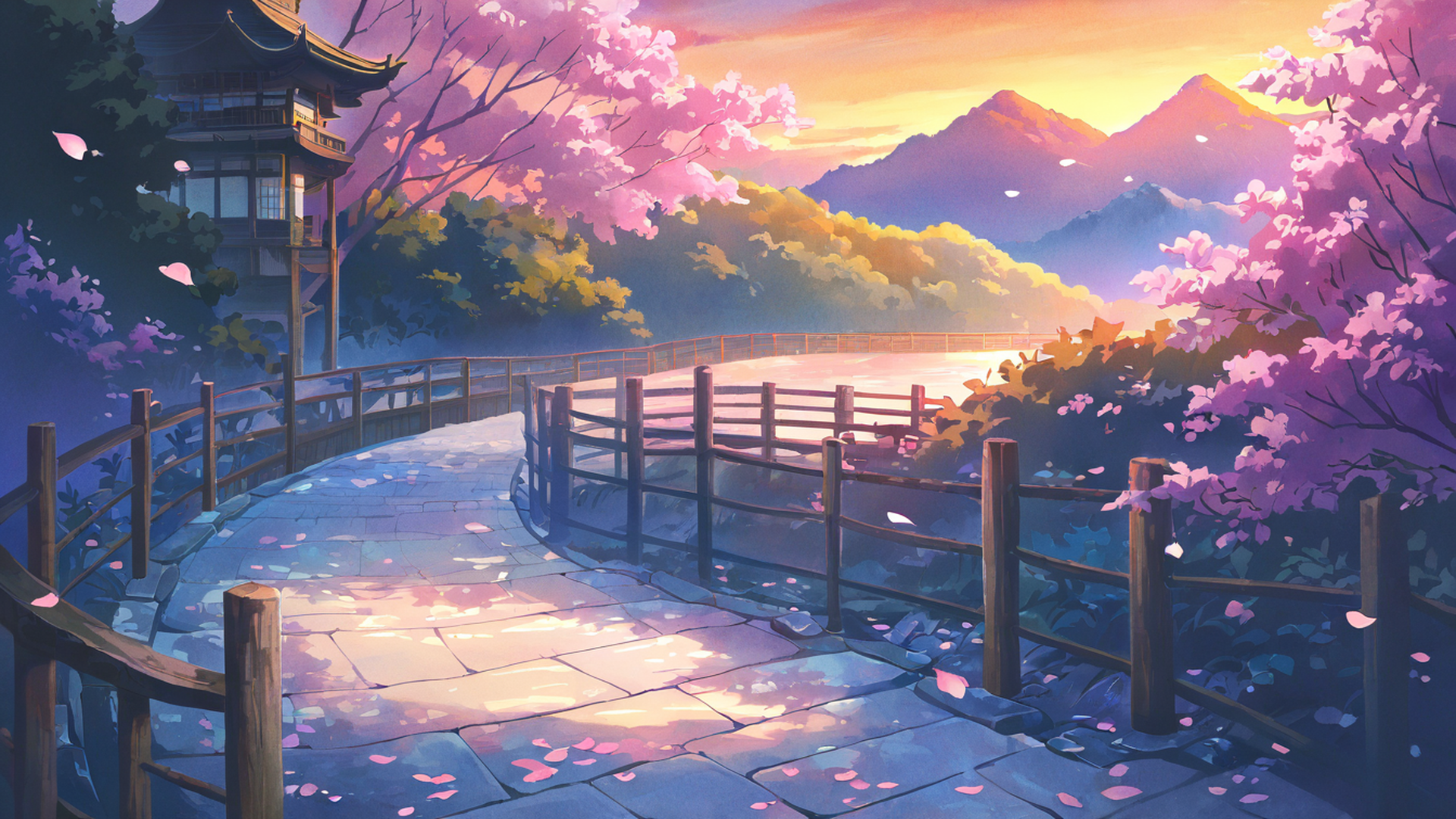 cherry blossom path lofi wallpaper