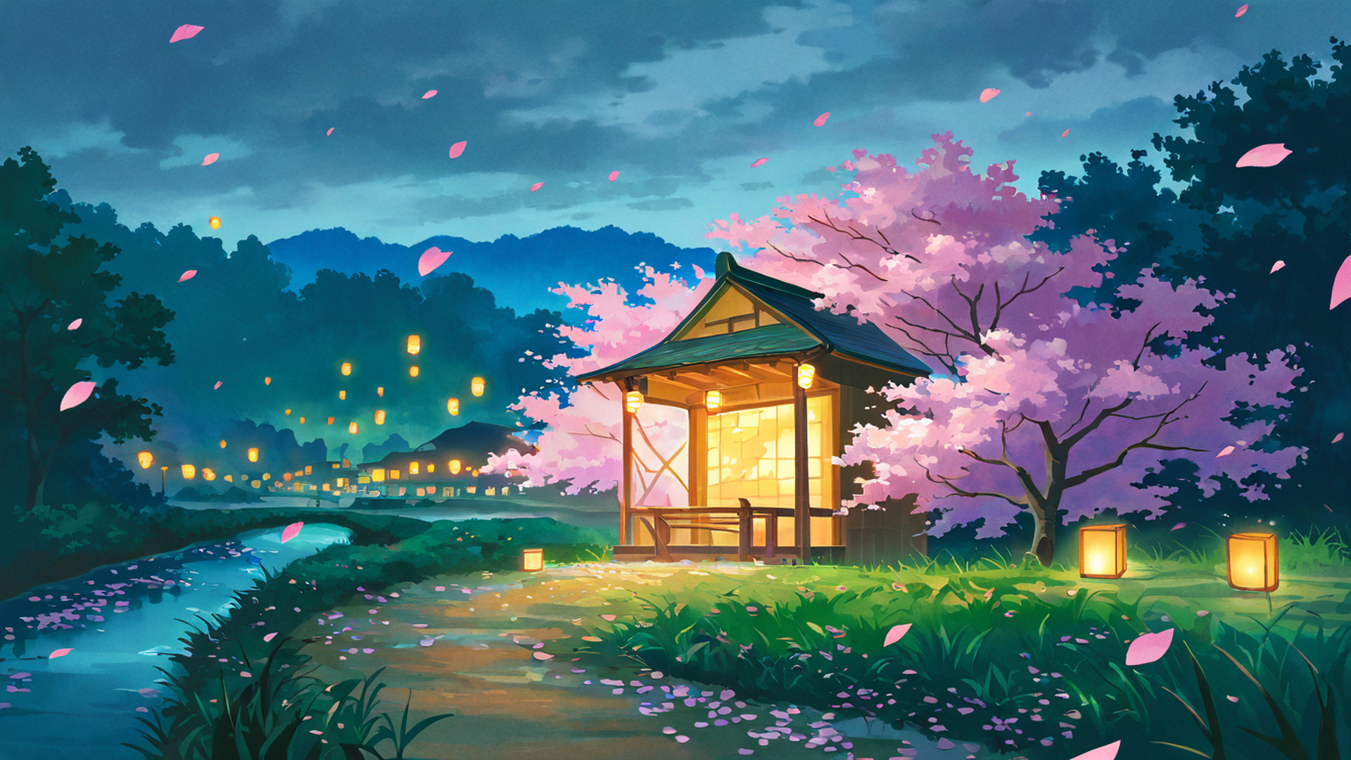 cherry blossom path lofi wallpaper