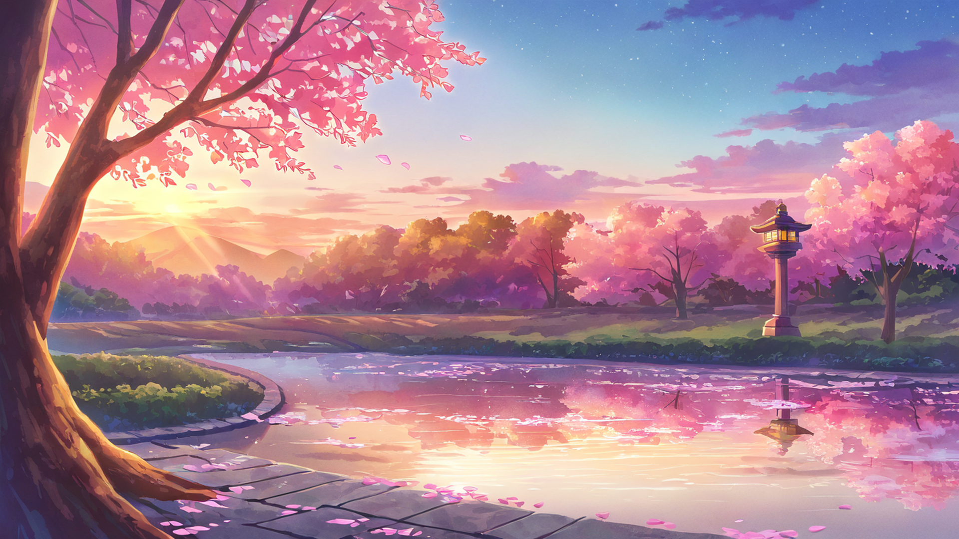 cherry blossom path lofi wallpaper
