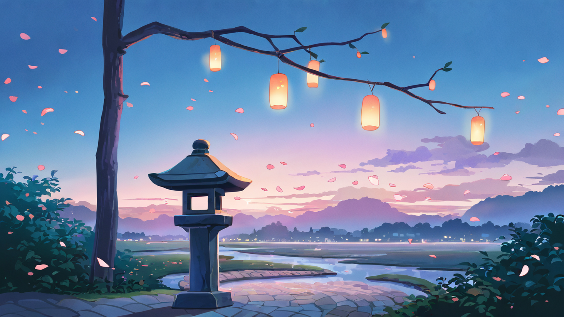 cherry blossom path lofi wallpaper