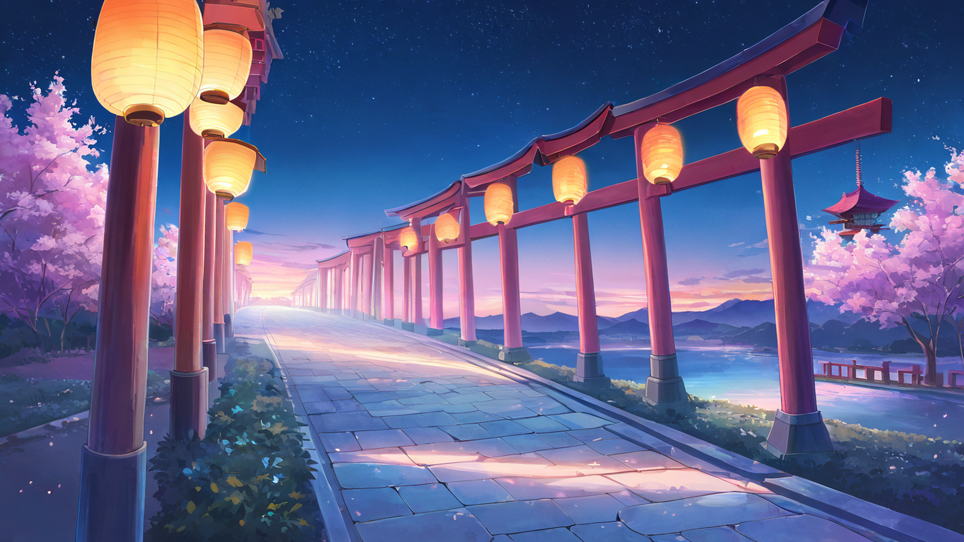 cherry blossom path lofi wallpaper