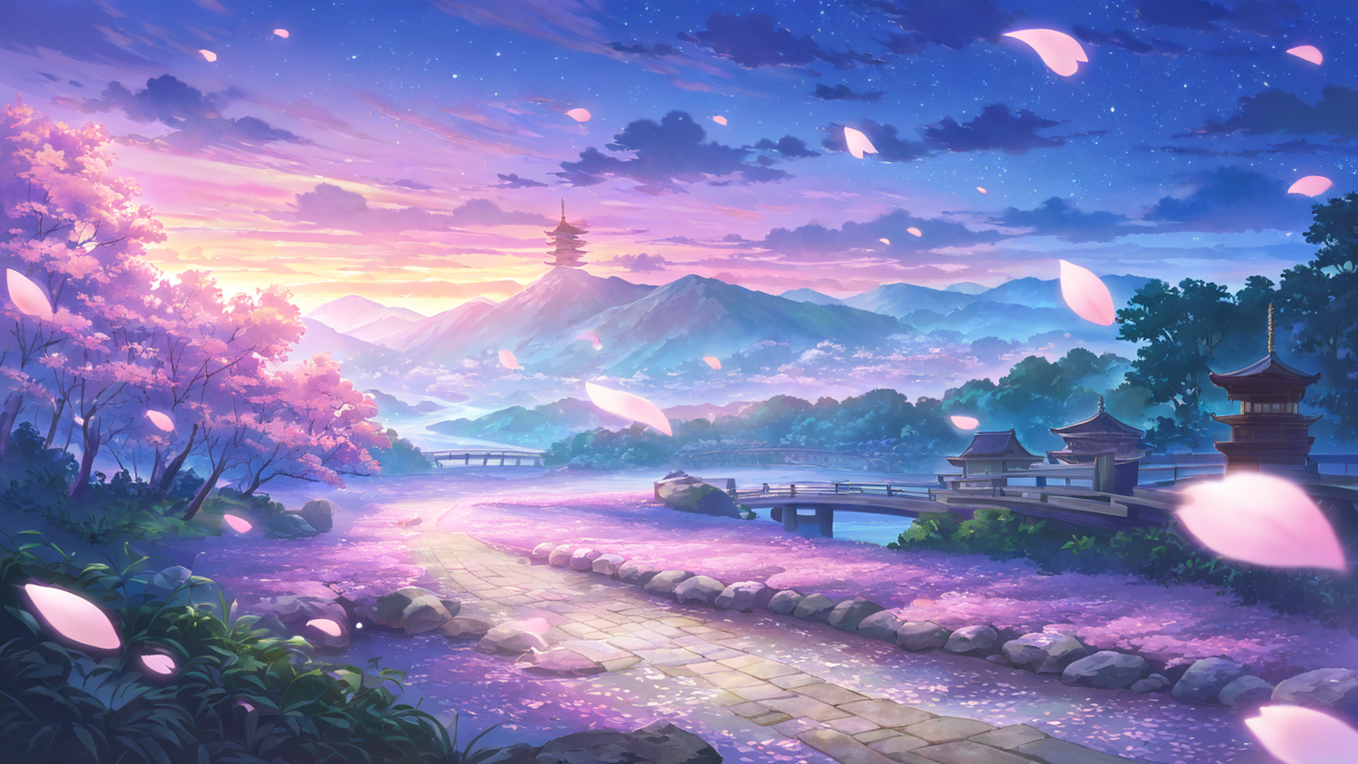 cherry blossom path lofi wallpaper