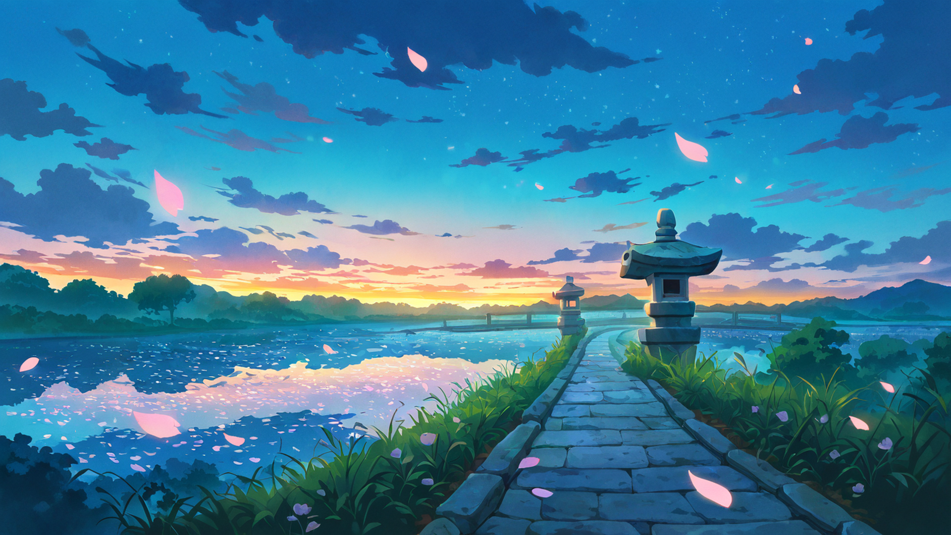 cherry blossom path lofi wallpaper