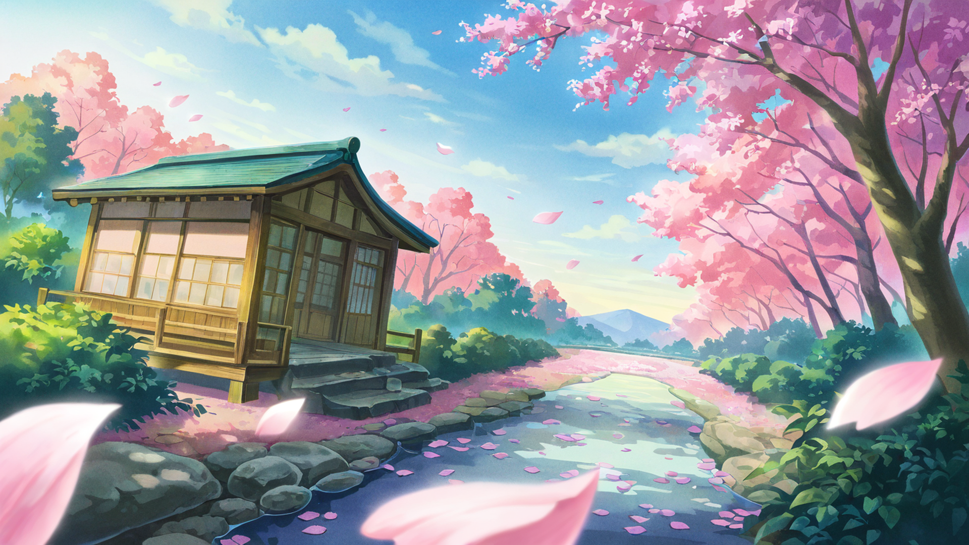 cherry blossom path lofi wallpaper
