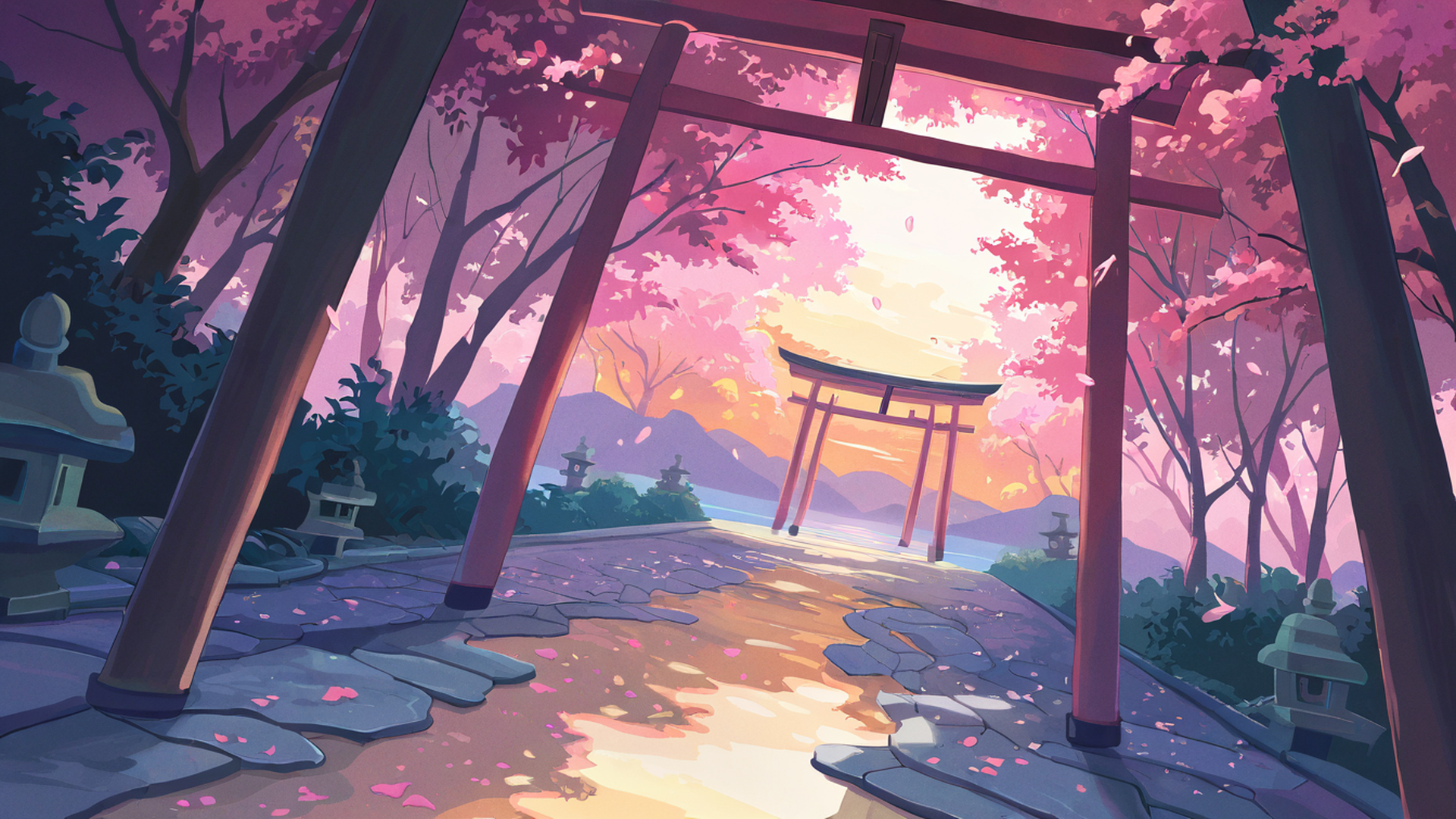 cherry blossom path lofi wallpaper