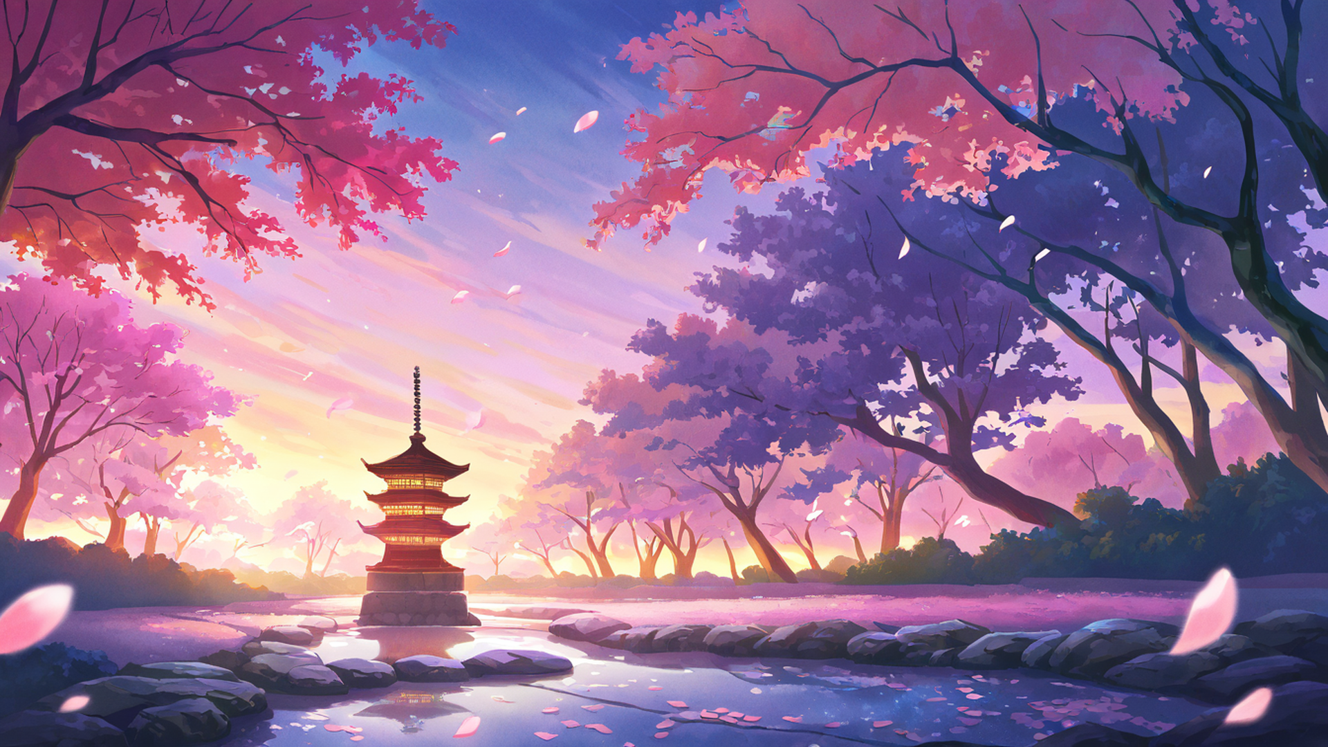 cherry blossom path lofi wallpaper