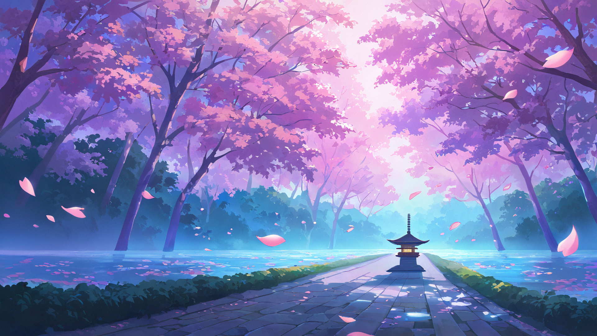 cherry blossom path lofi wallpaper