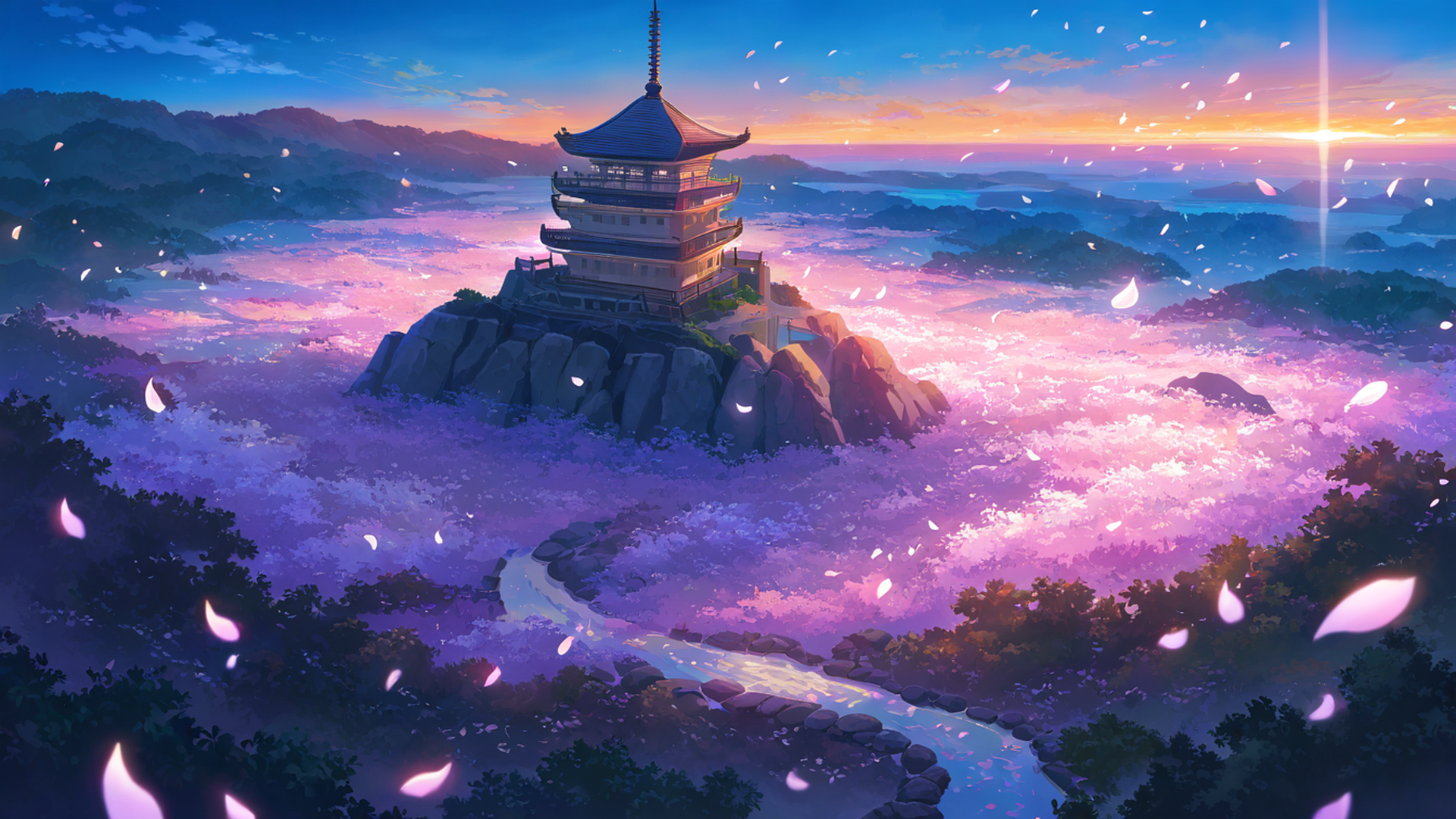 cherry blossom path lofi wallpaper