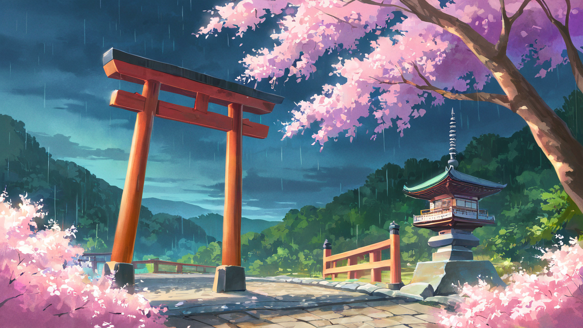 cherry blossom path lofi wallpaper