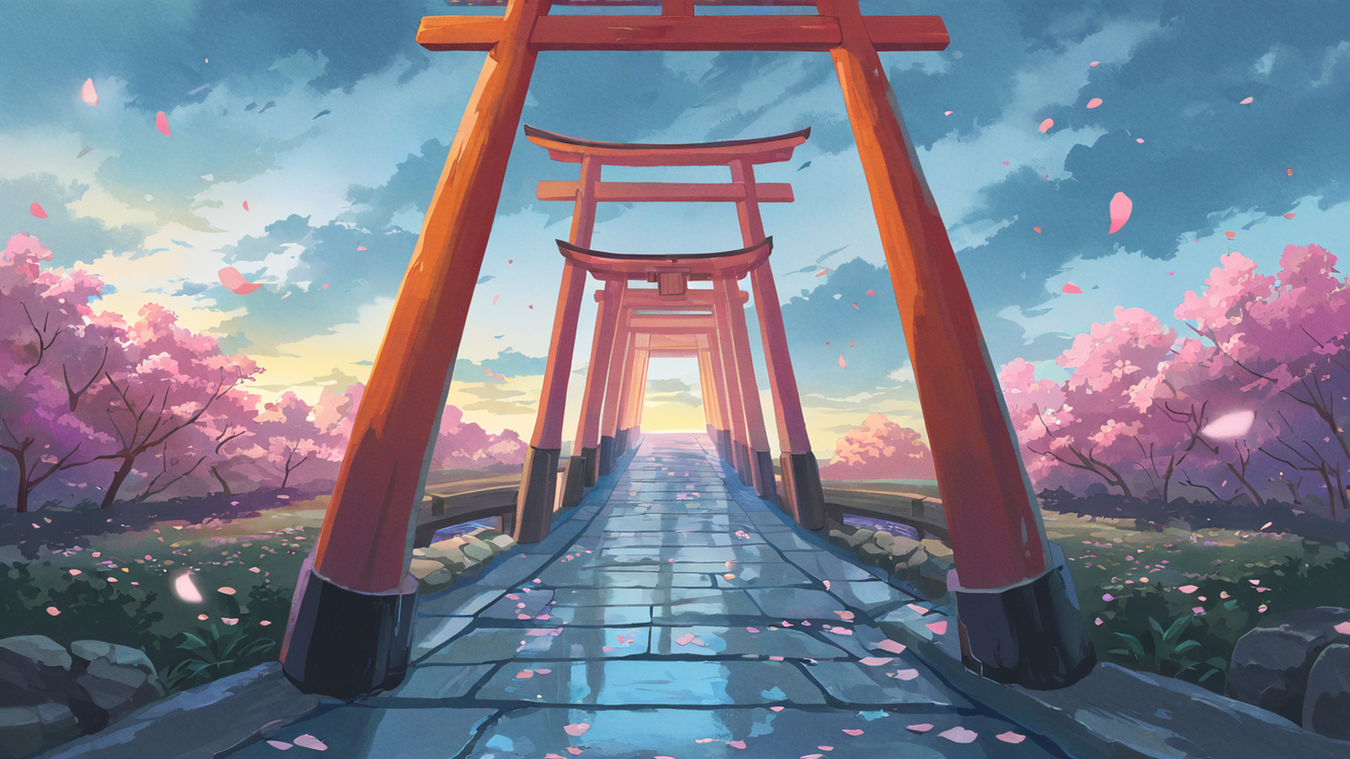 cherry blossom path lofi wallpaper