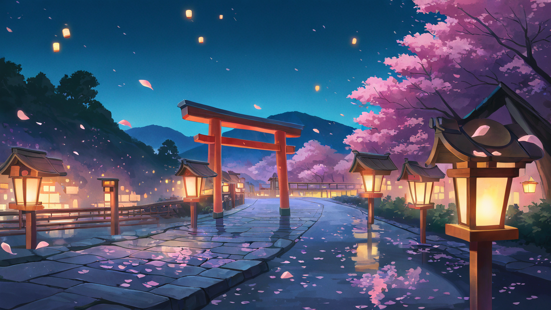 cherry blossom path lofi wallpaper