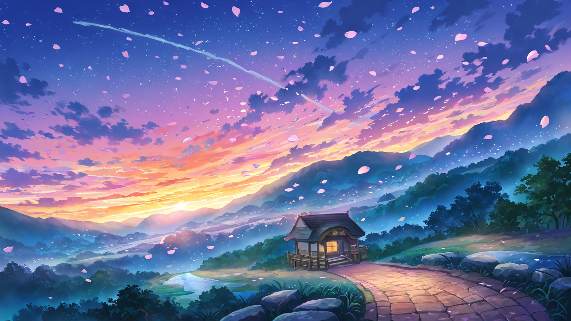 cherry blossom path lofi wallpaper