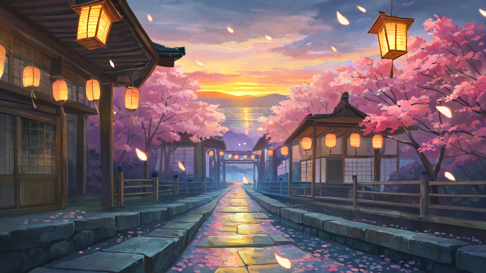 cherry blossom path lofi wallpaper