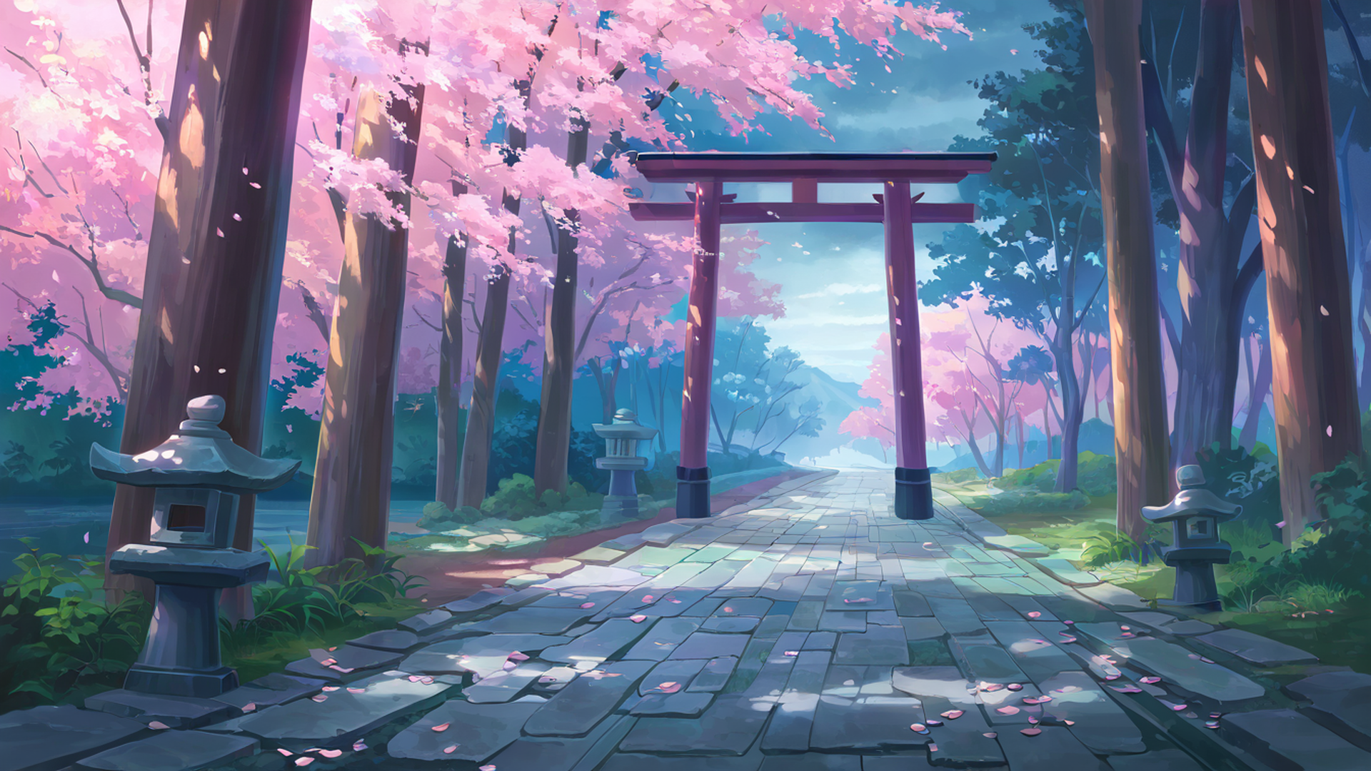 cherry blossom path lofi wallpaper