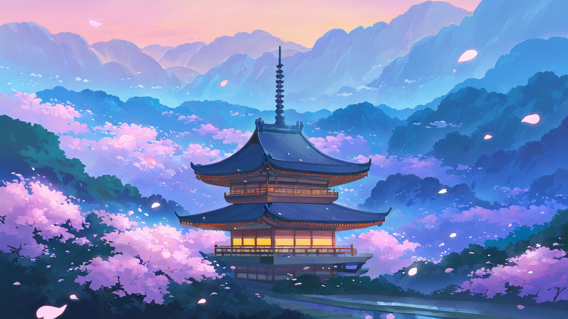 cherry blossom path lofi wallpaper