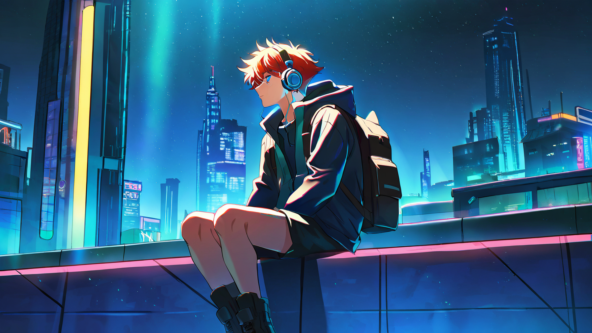 cyberpunk boy rooftop lofi wallpaper