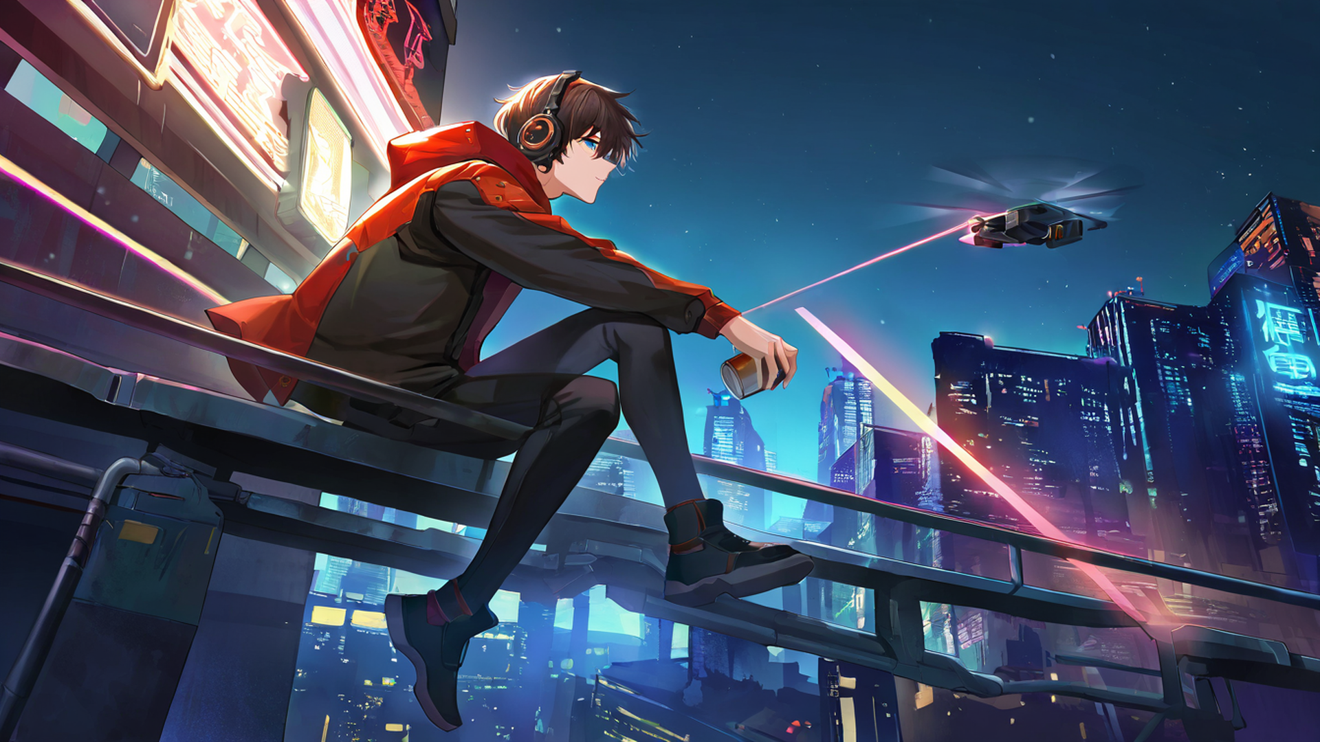cyberpunk boy rooftop lofi wallpaper