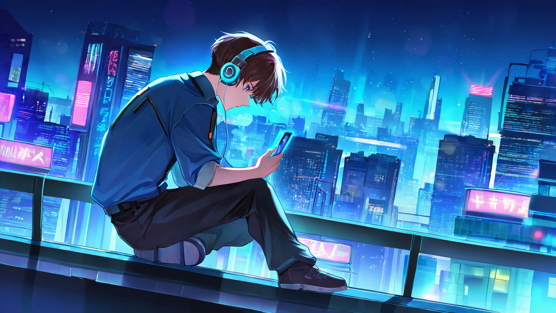 cyberpunk boy rooftop lofi wallpaper