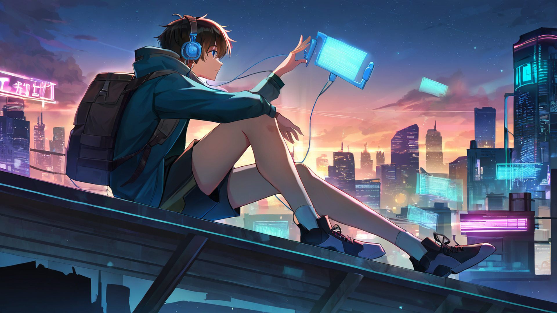 cyberpunk boy rooftop lofi wallpaper