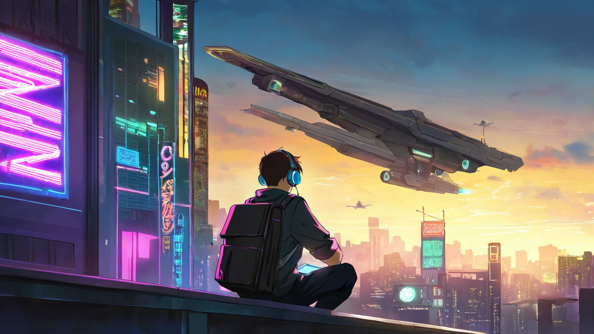 cyberpunk boy rooftop lofi wallpaper