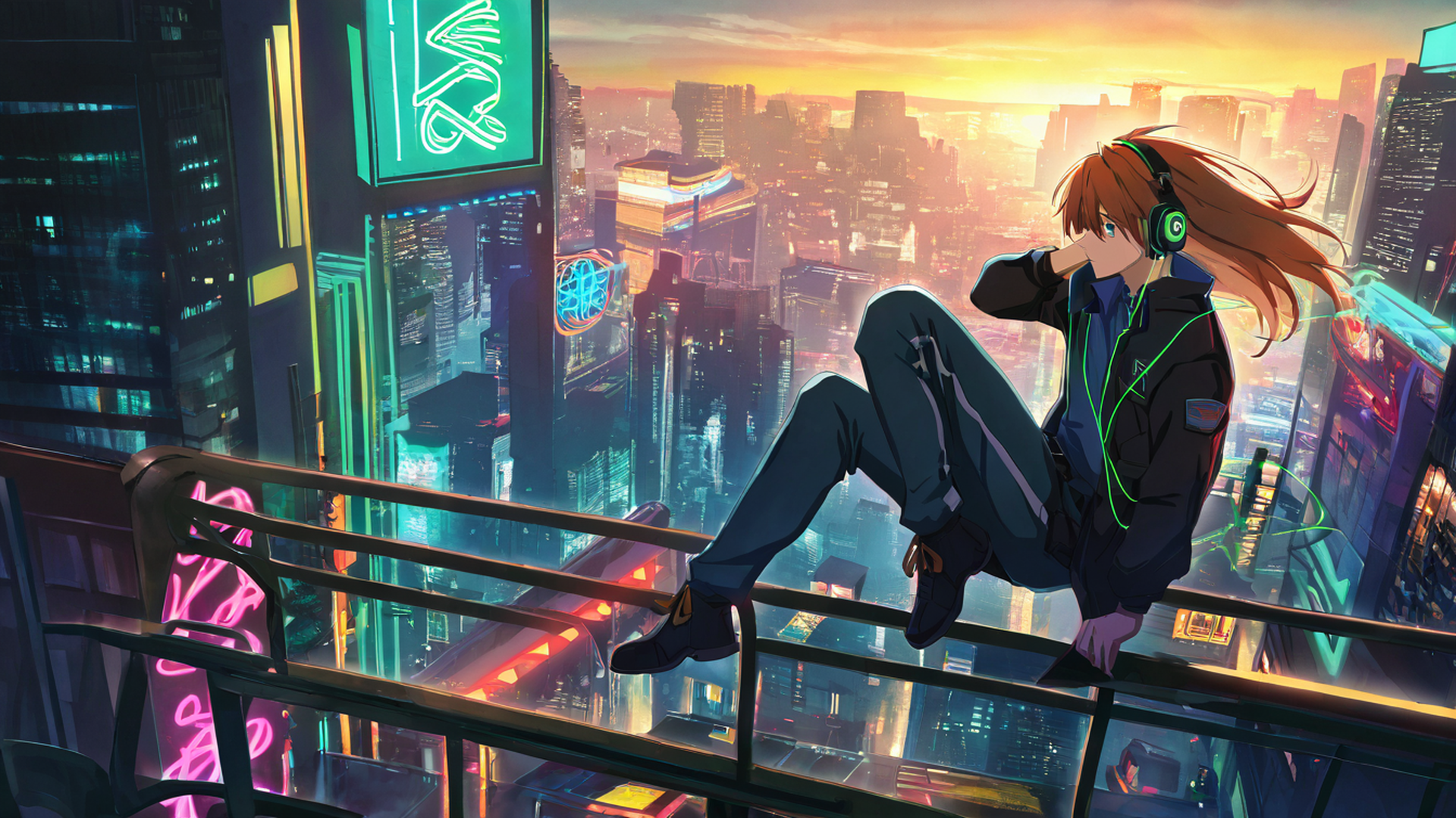 cyberpunk boy rooftop lofi wallpaper