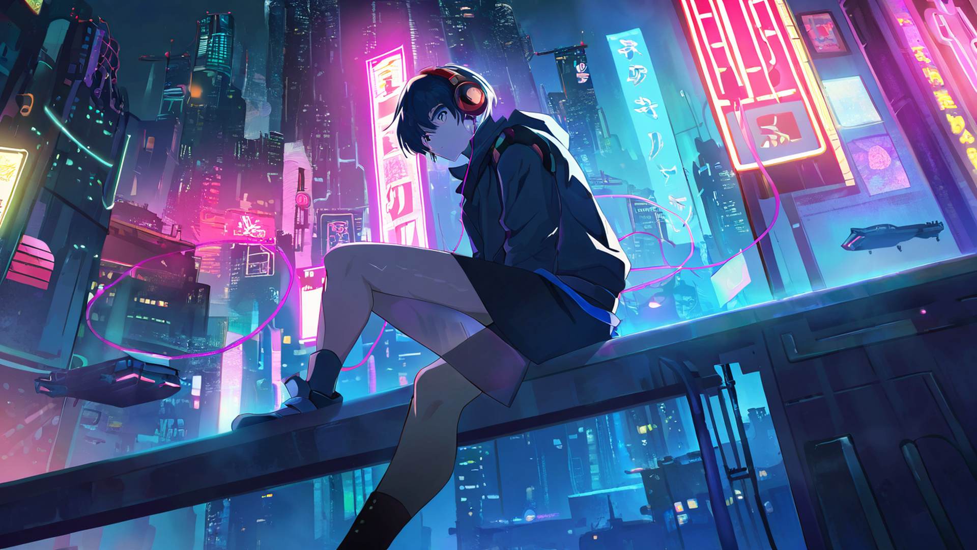 cyberpunk boy rooftop lofi wallpaper