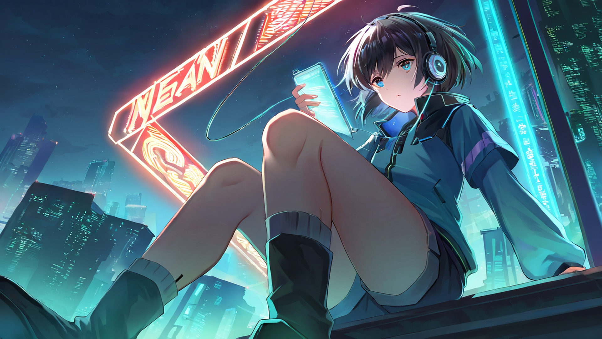 cyberpunk boy rooftop lofi wallpaper