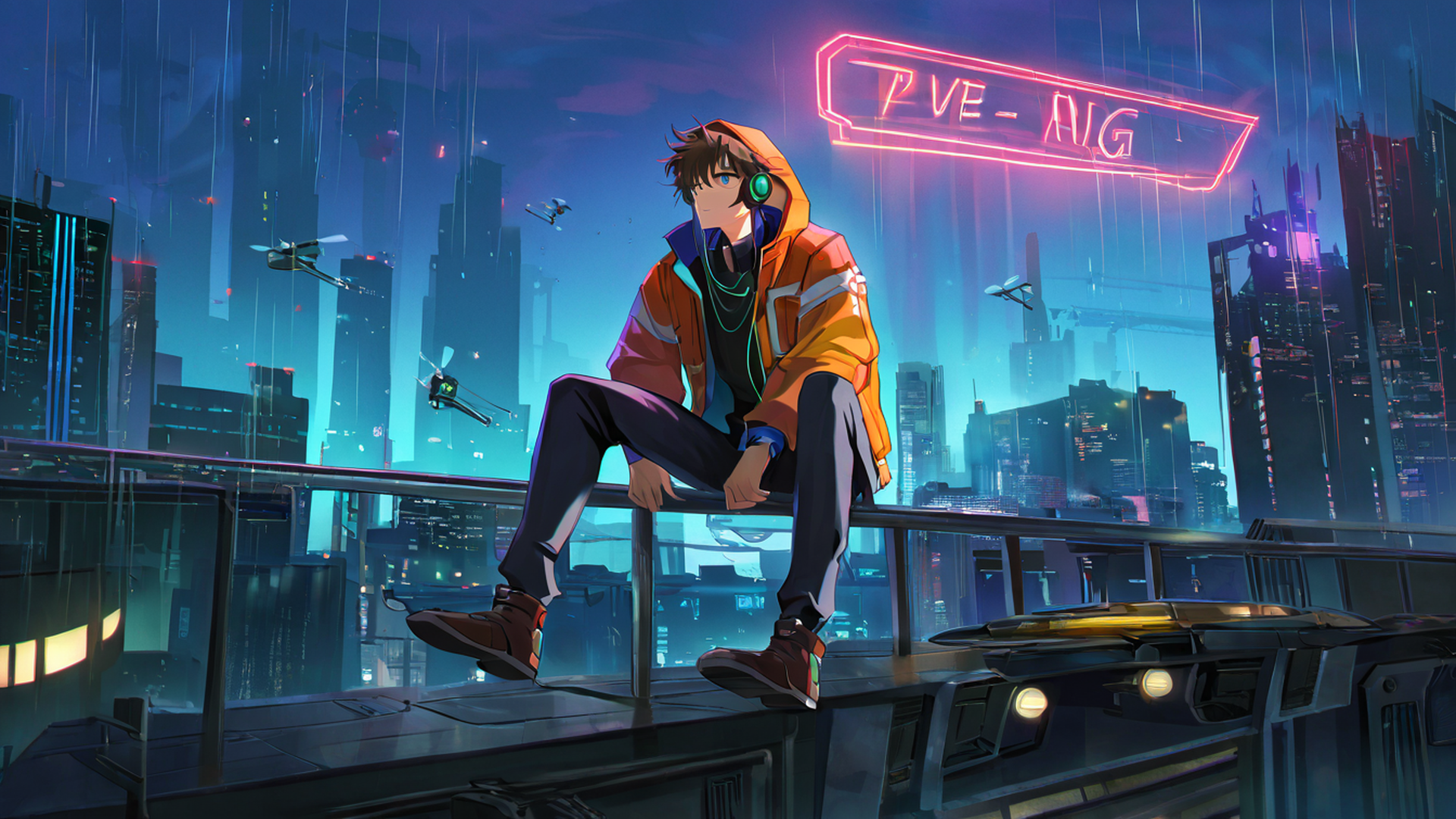 cyberpunk boy rooftop lofi wallpaper