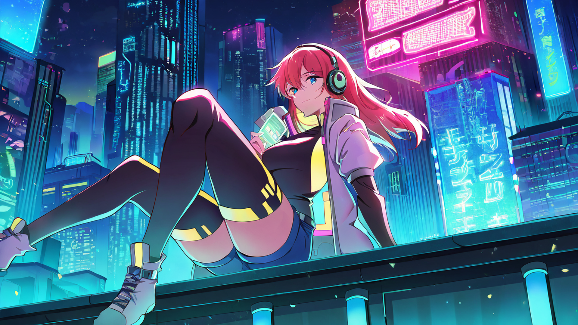cyberpunk boy rooftop lofi wallpaper