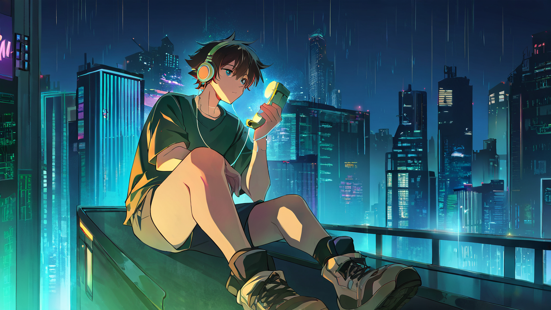 cyberpunk boy rooftop lofi wallpaper