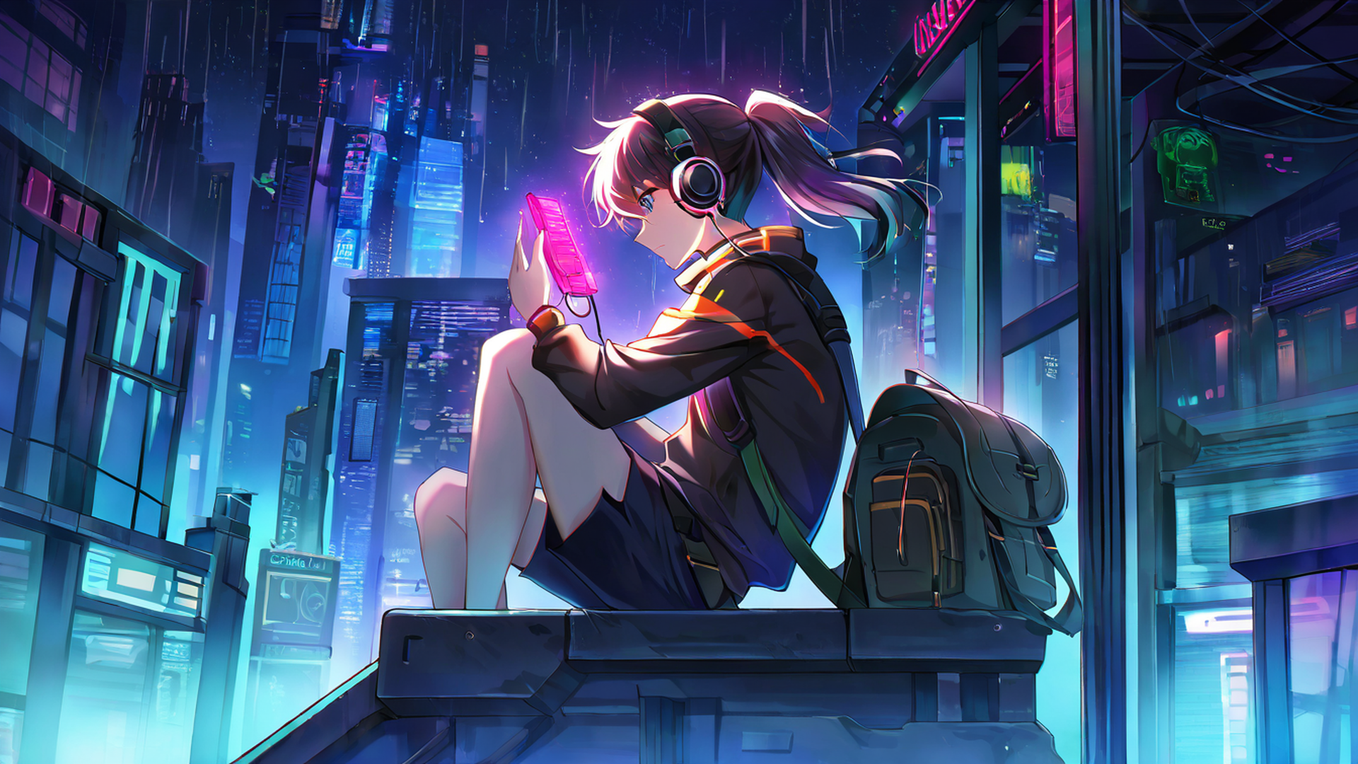 cyberpunk boy rooftop lofi wallpaper